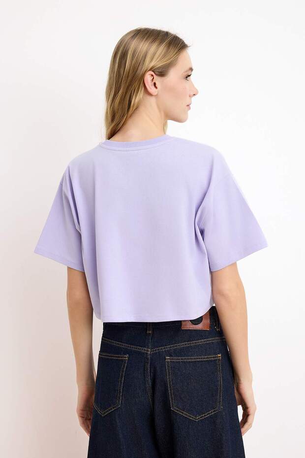 Lila Relaxed/Rahat Kalıp %100 Kalın Pamuklu Crop Örme T-Shirt TWOSS23TS00038 - 4