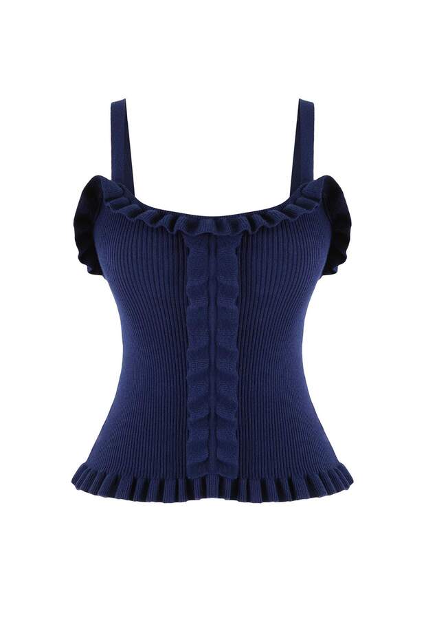 Limited Edition Lacivert Premium İplik Havuz Yaka Vücudu Saran Crop Triko İnce Bluz TWOSS26BZ00304 - 5