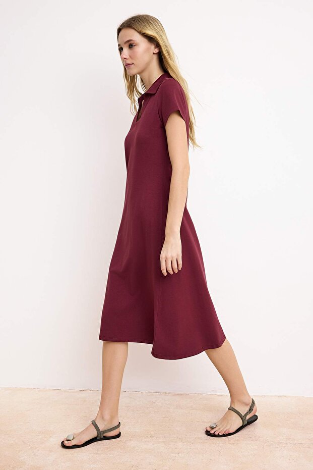 Bordo Polo Yaka Skater/Belden Açılan Pamuklu Esnek Örme Midi Elbise TWOSS24EL00480 - 2