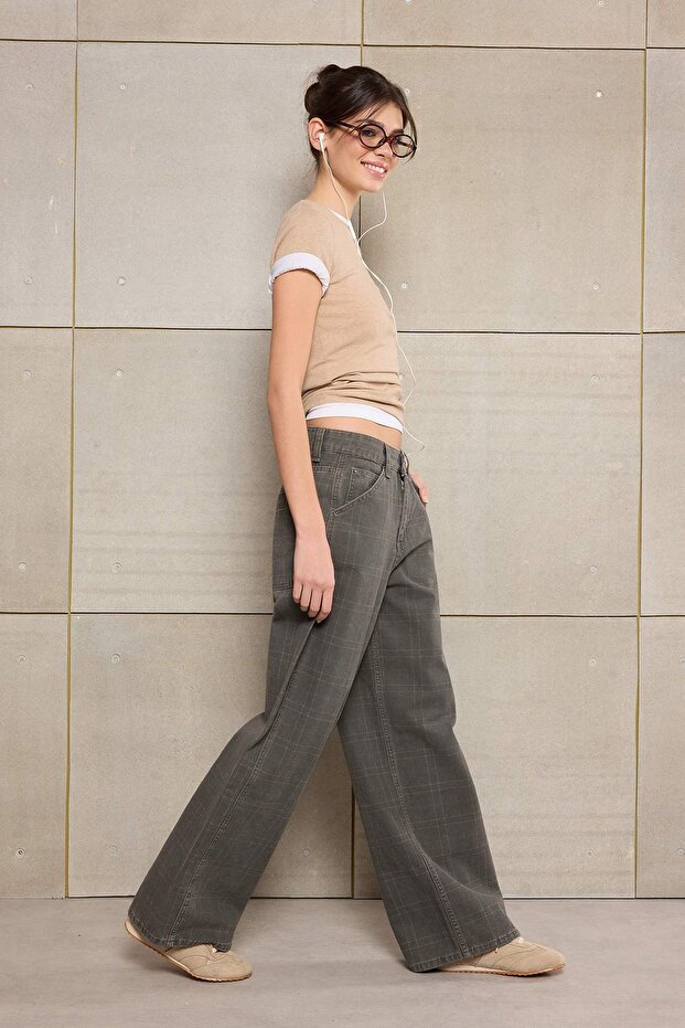 Teen Çok Renkli Ekose Desenli Yüksek Bel %100 Pamuk Baggy Jeans TWOSS26JE00052 - 2