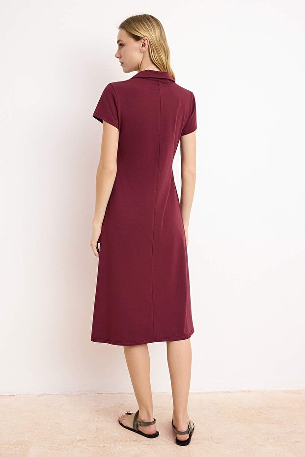 Bordo Polo Yaka Skater/Belden Açılan Pamuklu Esnek Örme Midi Elbise TWOSS24EL00480 - 4