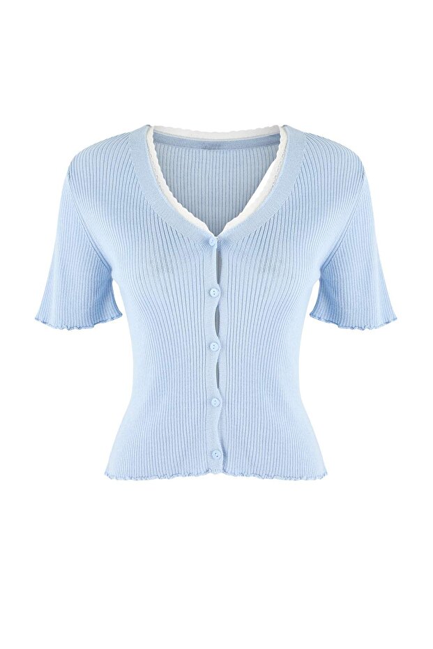 Bebe Mavisi V Yaka Dantel Detaylı Renk Bloklu Fitted İnce Triko Bluz TWOSS26BZ00292 - 5