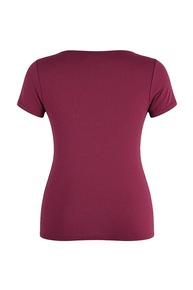 Bordo Büzgü/Drape Detaylı Fitted/Vücuda Oturan Örme Büyük Beden Bluz TBBSS26AF00075 - 7