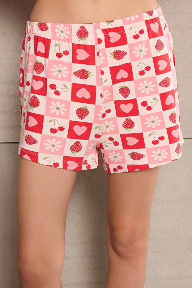 Teen Pembe-Çok Renkli %100 Pamuklu Kalp ve Meyve Baskılı Örme Pijama Takımı THMSS26PT00048 - 3