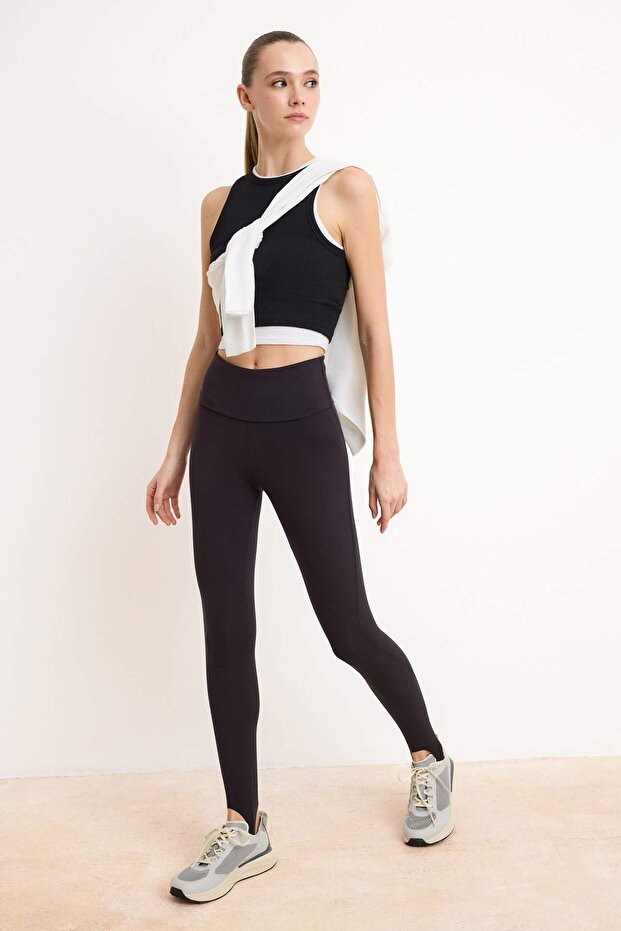 Siyah Füzo Bel Katlamalı Fırçalı Soft Kumaş Spor Tayt THMSS26TY00012 - 4