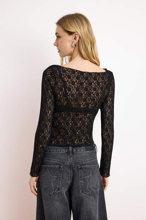 Siyah Düz Fitted Bisiklet Yaka Düşük Kol Uzun Dantel Örme Bluz TWOSS26BZ00441 - 4