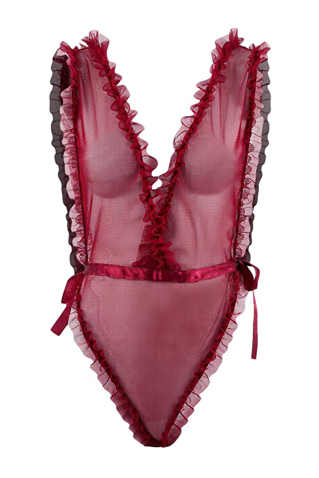 Bordo Tül Yandan Bağlamalı Fırfırlı Fitted Body THMSS26BD00016 - 3