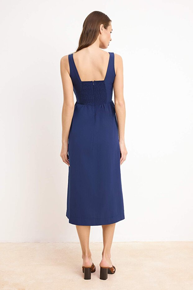 Indigo Belden Açılan Midi Korse Dikiş Detaylı Dokuma Elbise TWOSS24EL00038 - 4