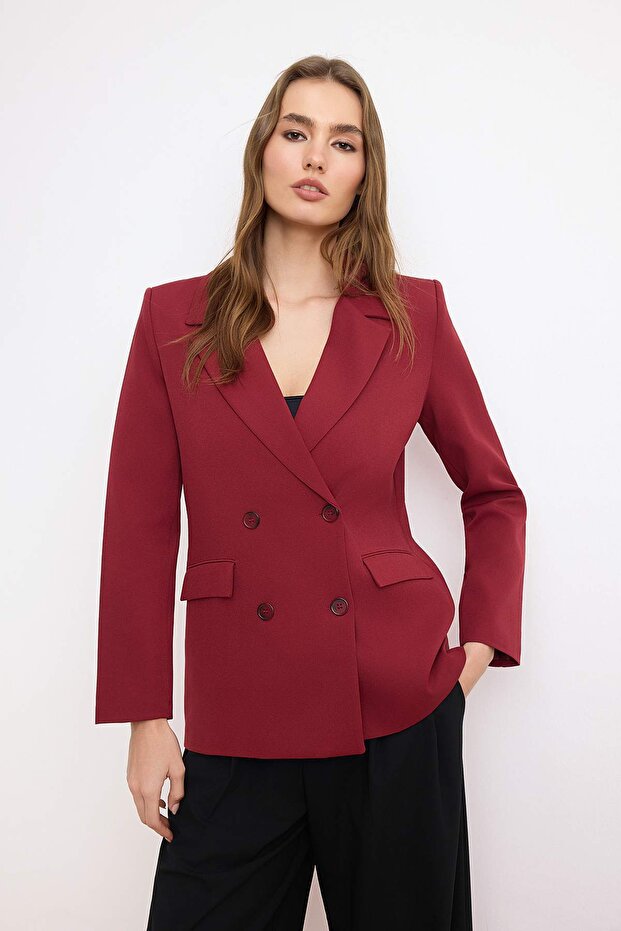 Bordo Regular Astarlı Kruvaze Kapama Dokuma Blazer Ceket TWOAW21CE0264 - 1