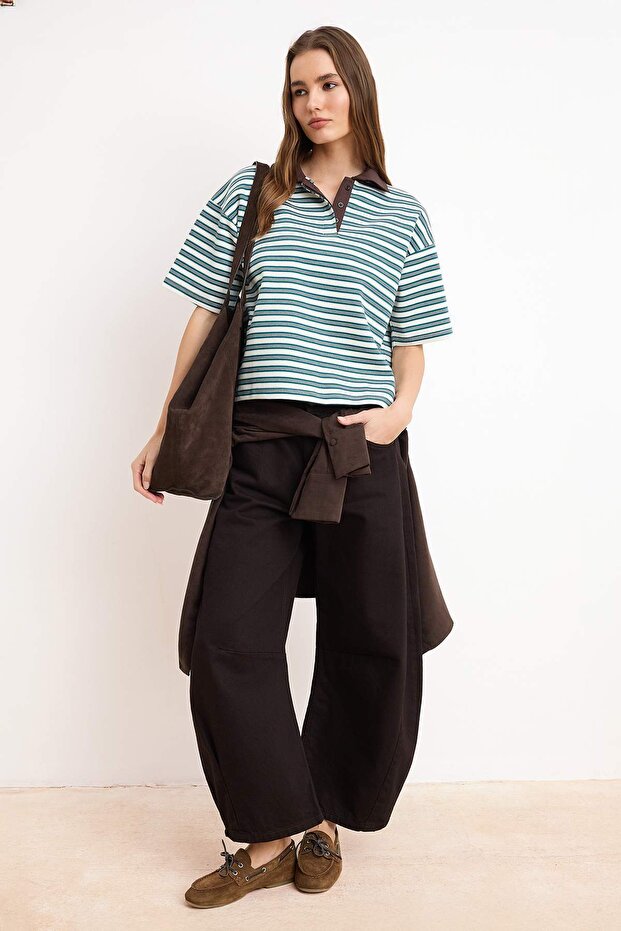 Yeşil Çizgili Oversize Kalıp Polo Yaka Dokuma Detaylı Tok İnterlok Örme T-Shirt TWOSS26TS00030 - 6
