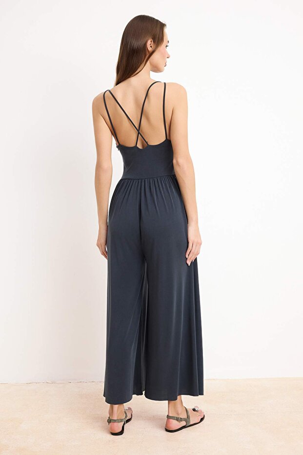 More Sustaniable Antrasit Relaxed V Yaka Kolsuz Büzgülü Uzun Modal Premium Örme Tulum TWOSS26TU00004 - 5