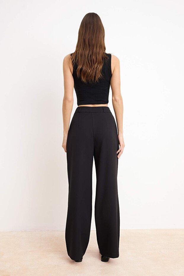 Siyah Yüksek Bel Wide Leg/Geniş Paça Pileli Dokuma Kumaş Pantolon TWOAW21PL0076 - 6