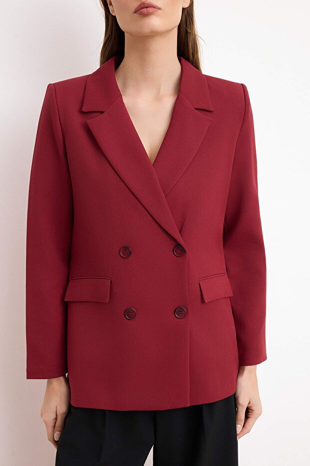 Bordo Regular Astarlı Kruvaze Kapama Dokuma Blazer Ceket TWOAW21CE0264 - 3