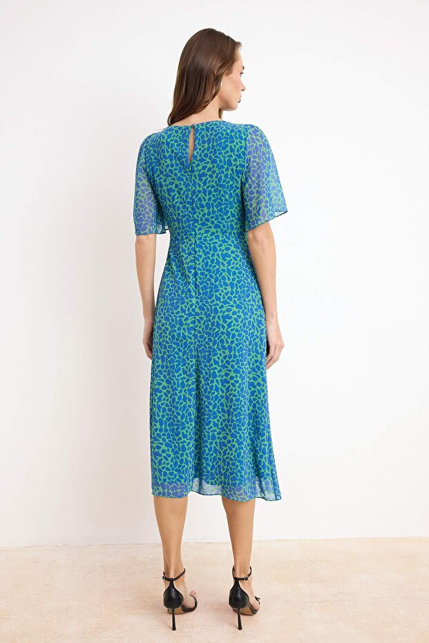 Zöld állatmintás A-vonalú angyalujj bélésű sifon repülő repülő szőtt midi ruha TWOSS23EL01372 - 4