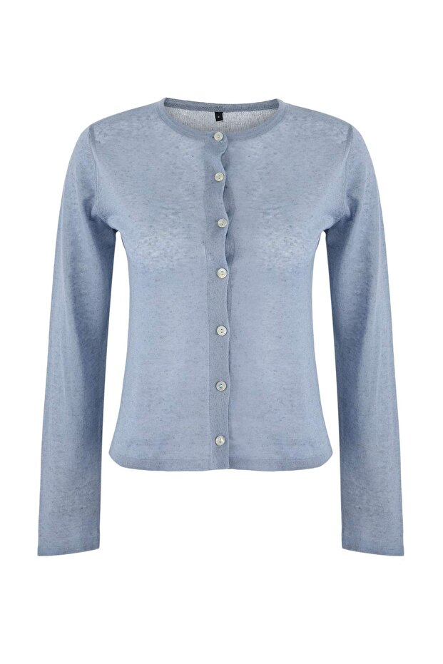 Wardrobe Essentials Mavi Bisiklet Yaka Keten Karışımlı İnce Triko Hırka TWOSS26HI00009 - 5