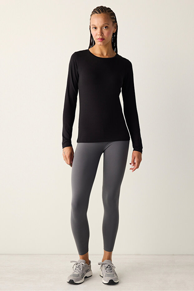 Pamuklu Siyah Basic Uzun Kol Tişört - 3