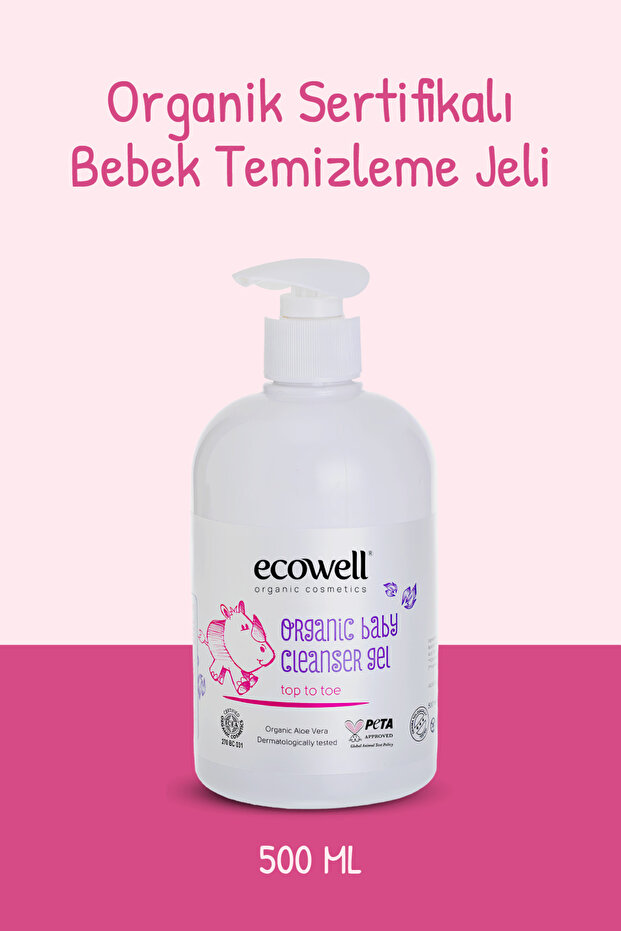 Ecowell Organik Bebek Ve Çocuk Temizleme Jeli, Vegan Sertifikalı, Şampuan, Duş Jeli Sabun Parabensiz 500ml