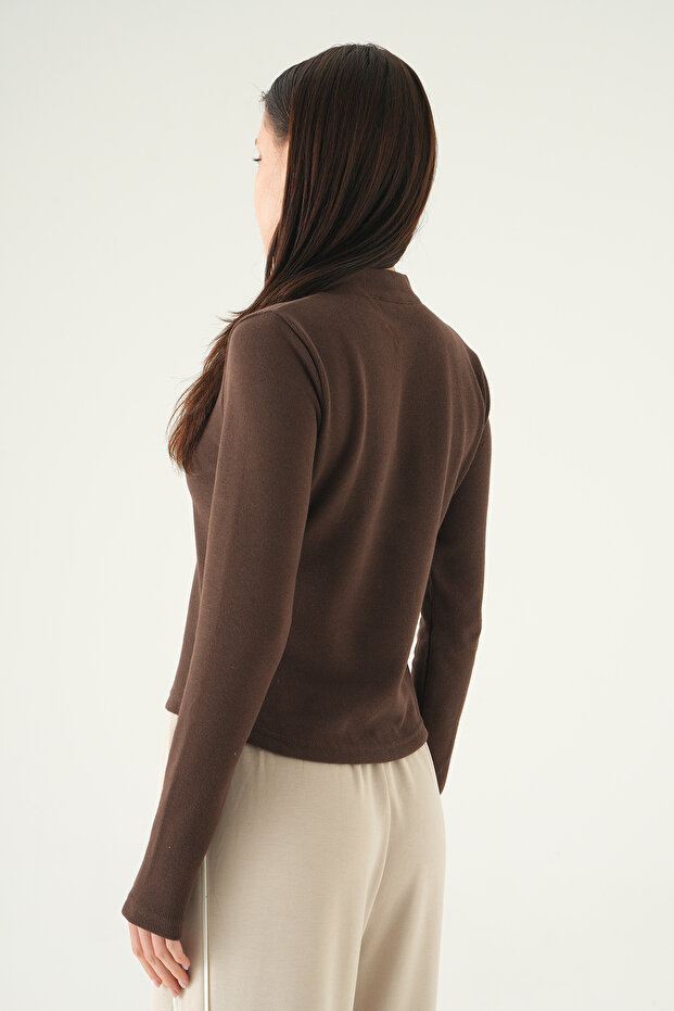 3069A Pulover cu mânecă lungă și fermoar, maro - 5