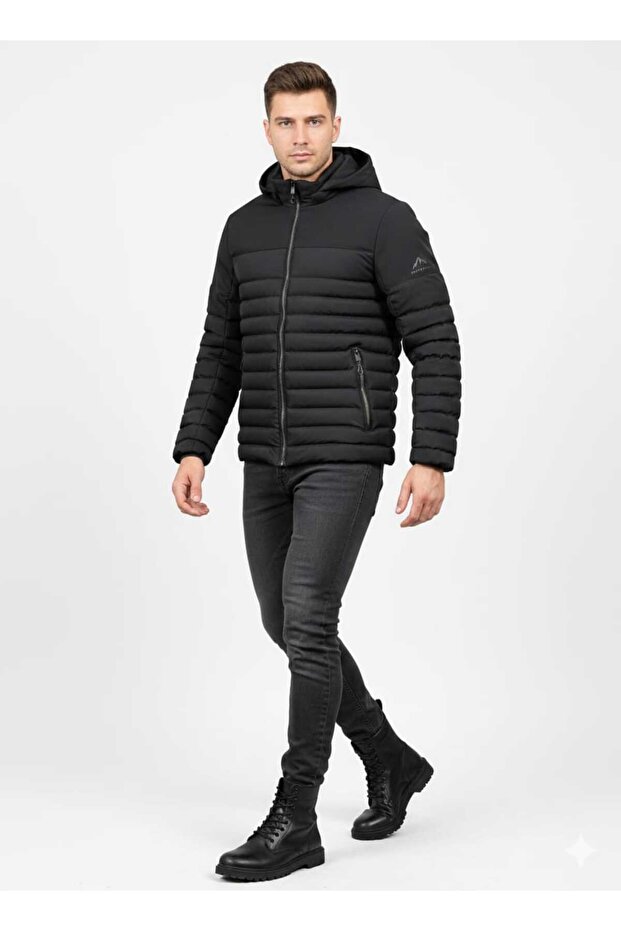 siyah şişme kapşonlu mont - 1