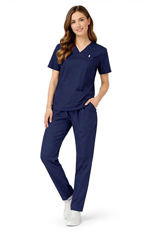 Unisex Navy Blue Medical Uniform Set – Flexible Fabric, V-Neck, Nurse & Doctor Uniform with Pockets