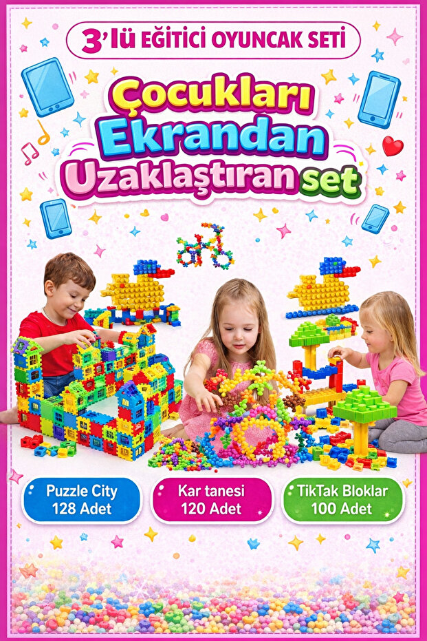 Fast Story 3 Lü Eğitici Oyuncak Set Puzzle City 128 Parça+Tiktak Bloklar 100 Parça+Kar Tanesi Molekül 120 Parça