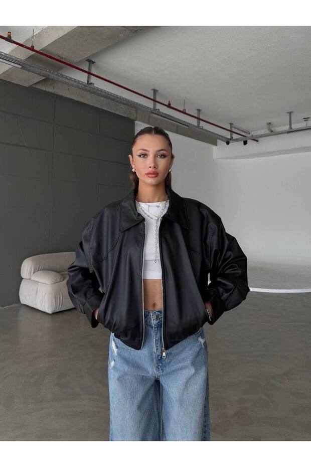 Women's New Season Premium Quality Leather Jacket with Elastic Waist Detail