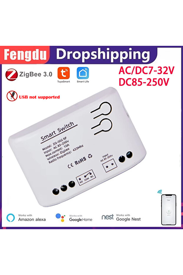 وحدة ترحيل ذكية من نوع Zigbee Tuya أحادية القناة بجهد 7-32 فولت، مفتاح إضاءة ذكي، تيار مستمر 5 فولت، تيار متردد 85-250 فولت، 220 فولت، تردد لاسلكي 433 ميجاهرتز