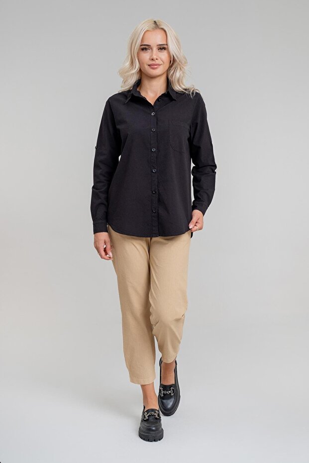 Women's Front and Back Oval Cotton Woven Fabric Sleeve Britli Shirt Black