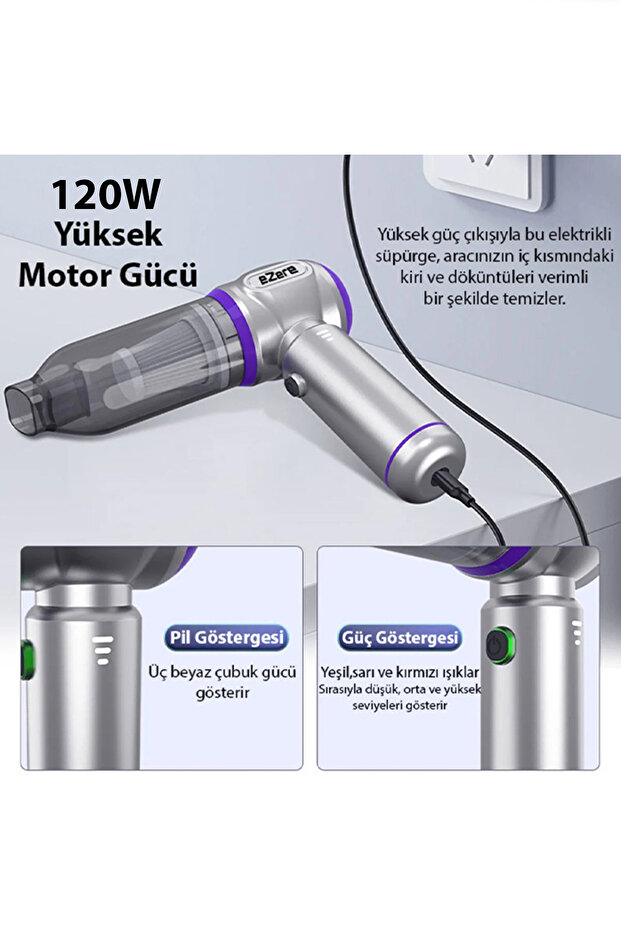 7800 mAh Güçlendirilmiş Pil 20000pa Güçlü Portatif Vakumlu Kablosuz Üflemeli Mini Araç Süpürgesi - 5