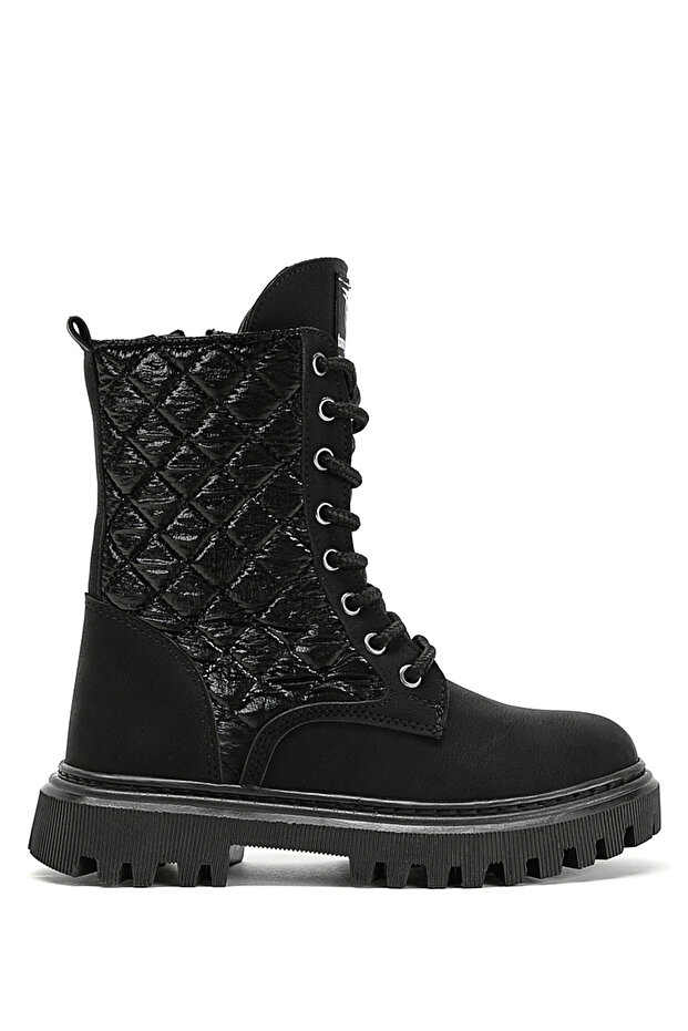 Girl's Black Thermo Sole Quilted Stitched Long Boots with Laces and Zipper