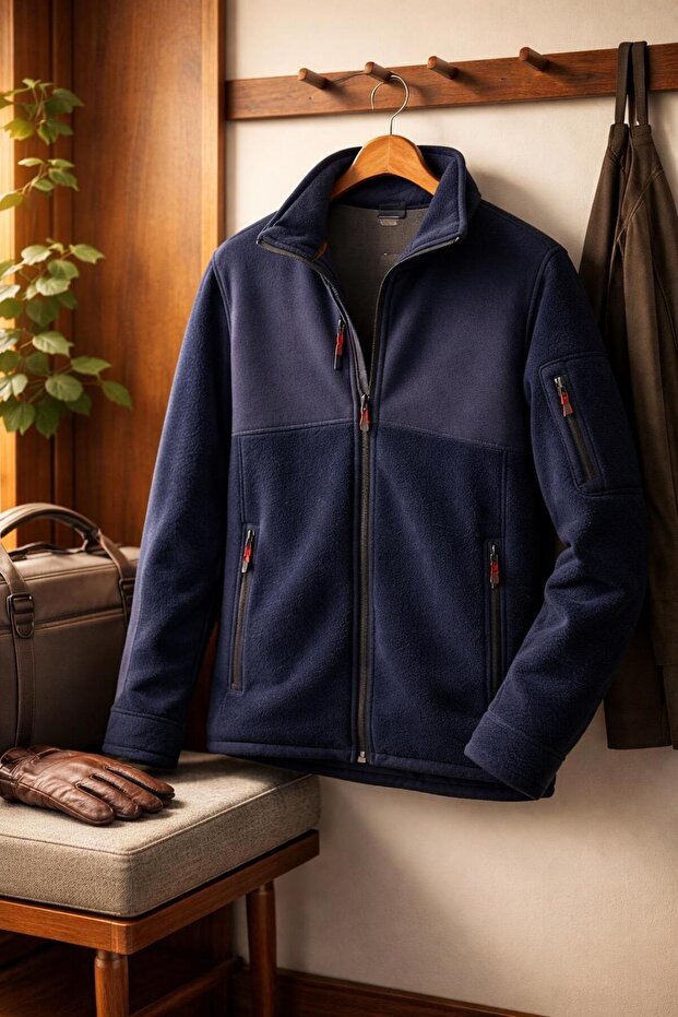 Men's Slim Fit Full Zipper 4-Pocket Stand Collar Softshell Garnished Fleece