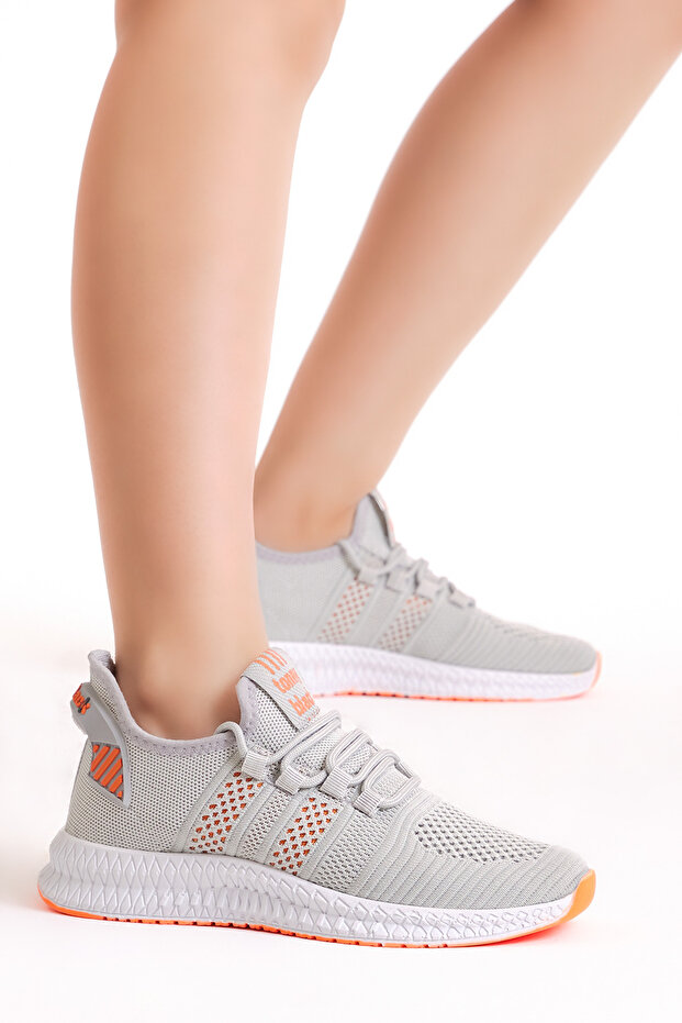 Unisex Ice Orange Comfortable Fit Side Stripe Patterned Lace-Up Sports Shoes