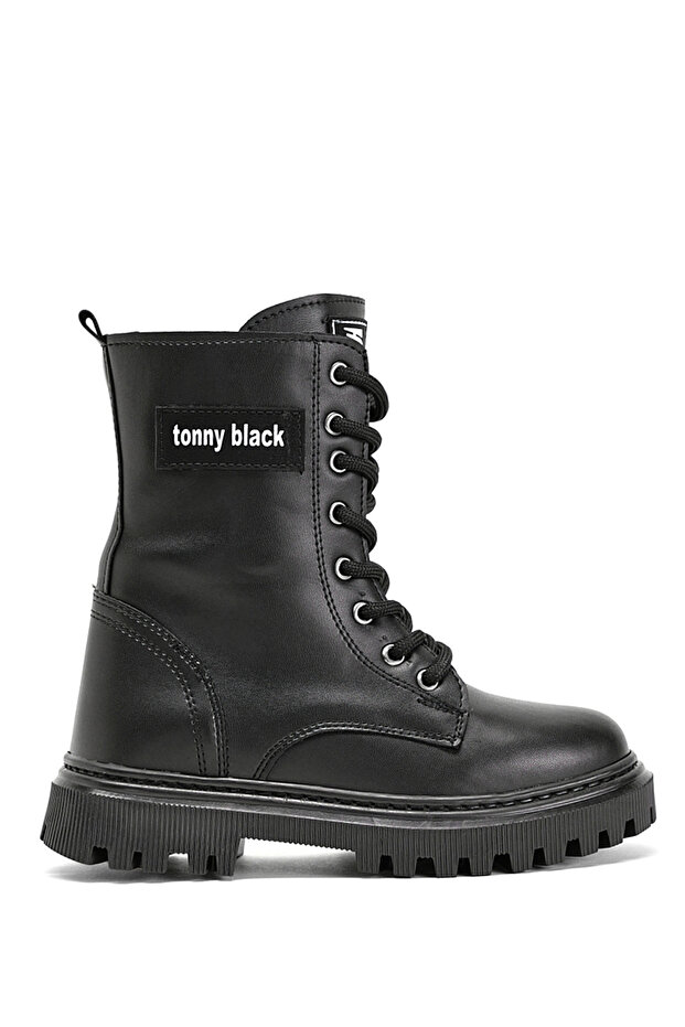 Girl's Black Skin Thermo Sole Front Laced Long Boots