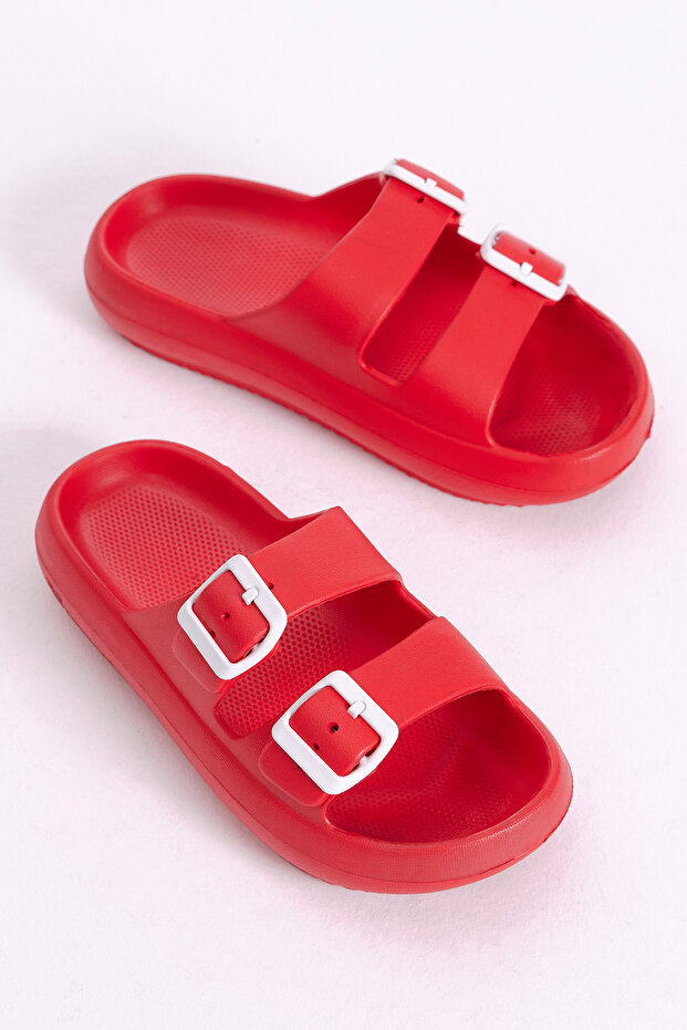 Women's Red Comfortable Buckle High Sole Eva Slippers