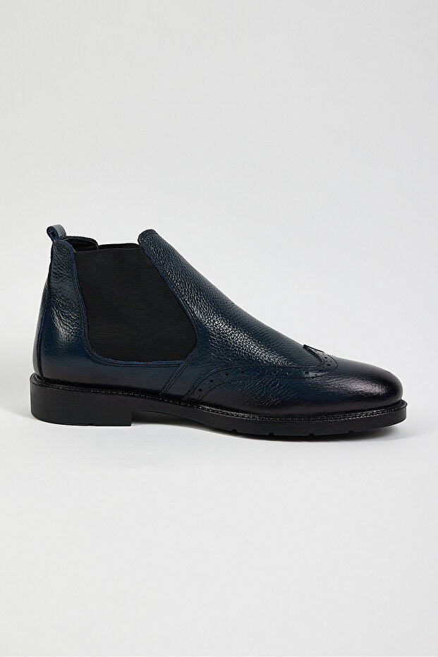 Men's Navy Blue Comfortable Fit Detailed Genuine Leather Men's Boots