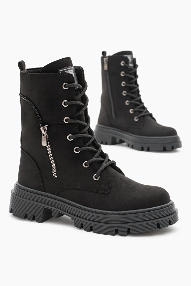 Women's Black Suede Thermo Sole Side Zipper Patterned Lace up and Zipper Boots
