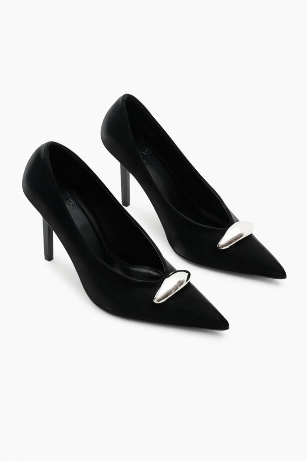 Women's Black Neolit High Heel Shoes with Buckle Detail on the Sole and Pointed Toe