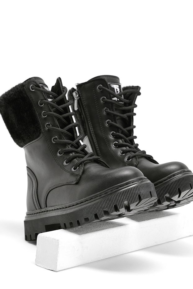 Girl's Black Skin Thermo Sole Fur Detailed Long Boots with Lace and Zipper