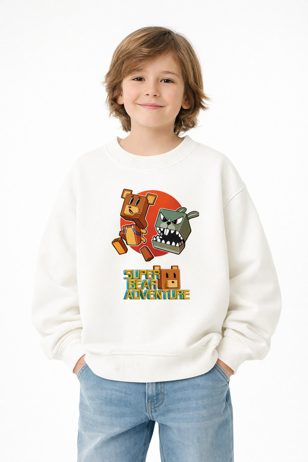 سويت شيرت Super Bear Adventure مطبوع قصة فضفاضة 3 Thread بدون شاردون بأكمام طويلة للجنسين للأطفال