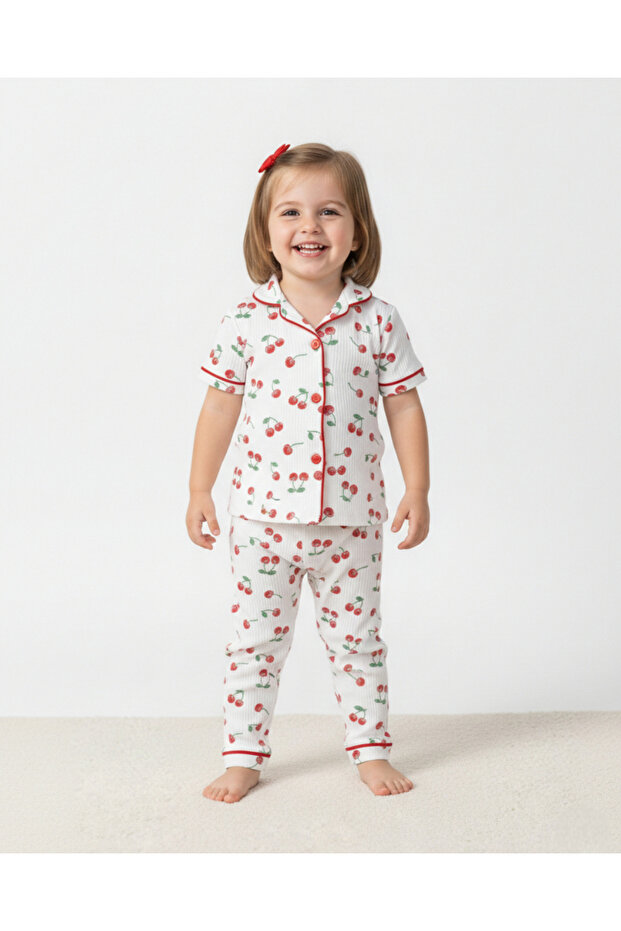 Girl's Summer Short Sleeve Double Breasted Collar Cherry Printed Nightgown Set