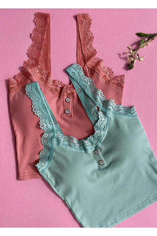 Padded, Button Detailed Lace Strap-Cotton 2-Piece Dusty Rose and Green Corded Women's Undershirt 64V34