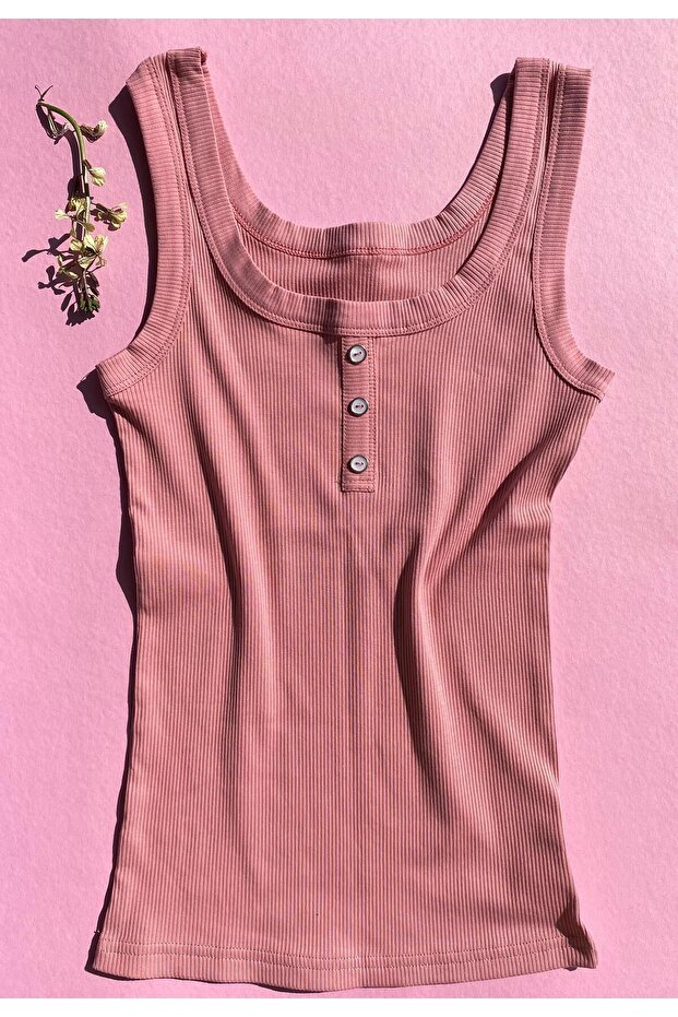 Square Collar, Summer, Button Detailed Camisole Thick Strap Lillesol Dried Rose Color Women's Undershirt 64v63