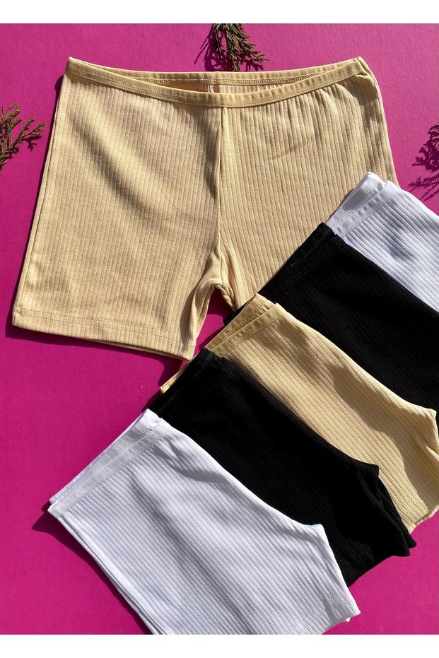 Cotton 6-Piece Nude and Black Ribbed Women's Shorts - Panties 50V19