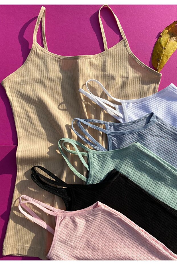 Women's 6 Pieces Cotton Ribbed Undershirt with Rope Straps (Skin, Black, White, Pink, Green and Blue)