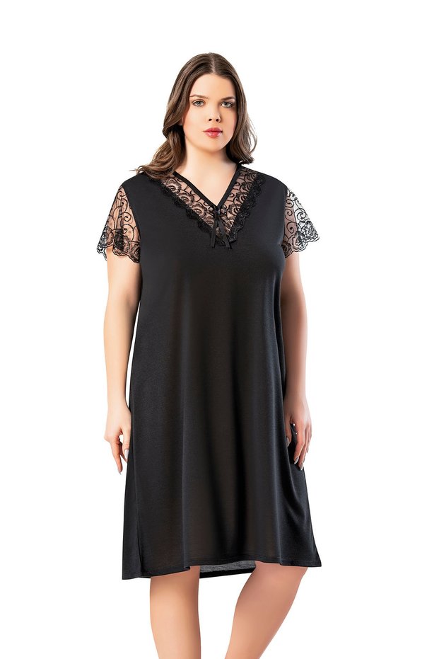Plus Size (3xl-4xl) Lace Detailed Black Short Sleeve Women's Long Nightgown 62v12