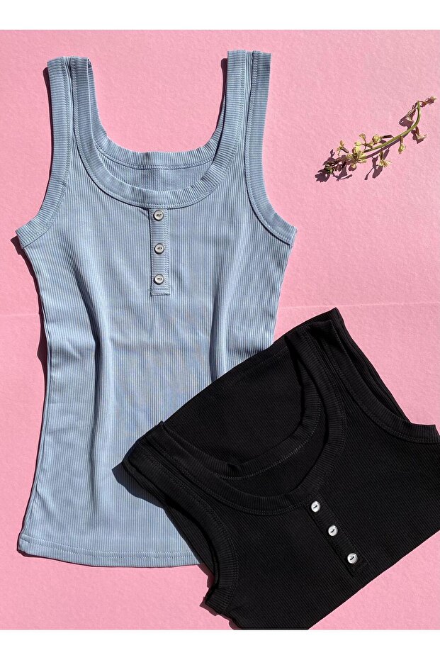 Camisole with 2 Buttons - Black and Light Blue Color - Ribbed Flexible Women's Blouse - Undershirt