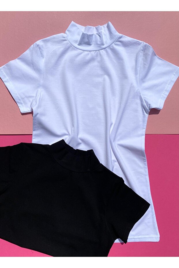 Short Sleeve 2-Piece Black and White Color Turtleneck Cotton Women's Undershirt-Badi