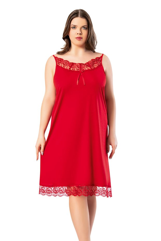 Large Size (3xl-4xl) Lace Detailed Red Rope Strap Women's Long Nightgown 62v11