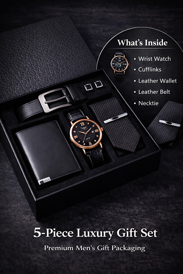 Elegant 6-Piece Men’s Business Gift Set – Black Leather Watch, Belt, Wallet, Tie, Cuffl