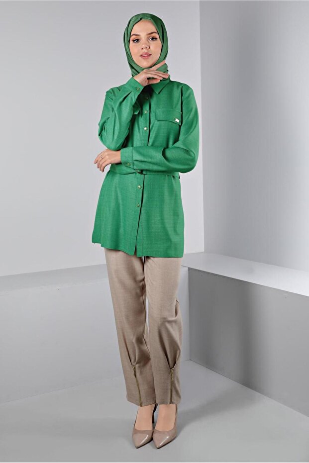 Belted Buttoned Blouse 43368 - 1